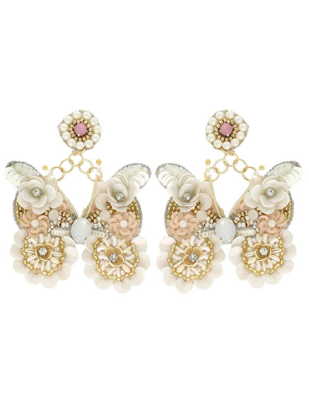 Beaded Butterfly Chandelier Earrings Crystal Floral Statement Ivory Gold